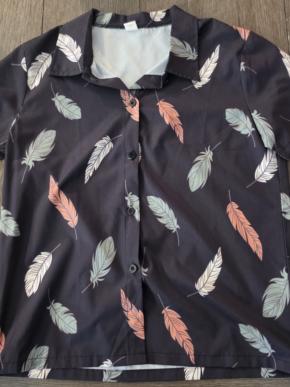 Kid's Black Feather-Print Button‎ Up Short Sleeve Shirt Size 13-14Y